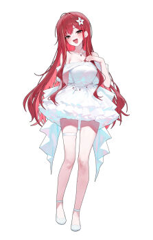 Rule 34 | 1girl, akane lize, arm behind back, bare shoulders, blonde hair, breasts, cleavage, dress, flower, full body, grey eyes, hair flower, hair ornament, hand on own chest, hashtag-only commentary, highres, huhi (huhi 1211), looking at viewer, mole, mole on cheek, multicolored hair, open mouth, red hair, shoes, short hair, simple background, socks, solo, standing, stellive, streaked hair, teeth, thigh strap, thighs, upper teeth only, virtual youtuber, white background, white dress, white flower, white shoes