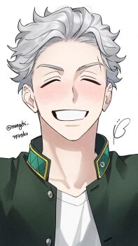 1boy blush closed_eyes green_jacket grin jacket male_focus mangchi_min5ko open_clothes open_jacket school_uniform shirt short_hair smile solo teeth twitter_username umemiya_hajime white_background white_hair white_shirt wind_breaker_(nii_satoru)
