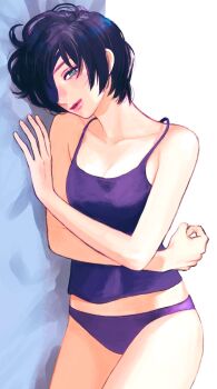 1girl arm_around_waist bed bed_sheet black_hair blue_eyes blush breasts chainsaw_man cleavage collarbone eyepatch hand_on_bed highres himeno_(chainsaw_man) lips lying medium_breasts mika_yamamori on_bed panties purple_panties purple_tank_top short_hair tank_top underwear