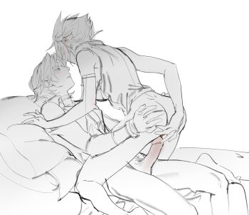 arm_ribbon ass barefoot blush bracer cloud_strife coat ear_blush facing_away final_fantasy final_fantasy_vii final_fantasy_vii_advent_children full_body genderswap genderswap_(mtf) gloves green_eyes hair_intakes half-closed_eyes hetero highres imminent_penetration kneeling lying no_armor no_pants on_back parted_bangs parted_lips pillow ribbon sephiroth sephiroth_(ever_crisis) short_hair spiked_hair spot_color vest white_background xianyu314