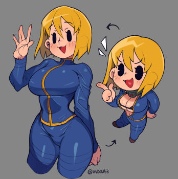 1girl black_bra black_eyes blonde_hair blue_jumpsuit blush bra chibi comparison fallout full_body grey_background hand_on_own_hip hand_up highres jumpsuit open_clothes open_mouth short_hair simple_background smile tongue twitter_username underwear vault_girl waa153