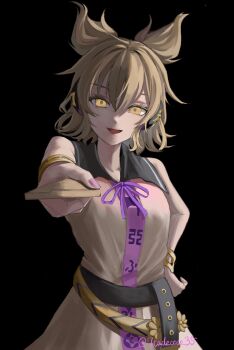 1girl belt black_background blonde_hair commentary_request dress earphones hand_on_own_hip highres looking_at_viewer medium_hair nail_polish parted_lips pointy_hair purple_nails sleeveless sleeveless_dress smile solo touhou toyosatomimi_no_miko upper_body wanya2panic yellow_eyes