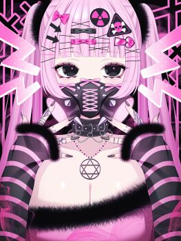 1girl absurdres aegyo_sal arrow_hair_ornament black_bow black_choker black_eyes black_fur black_mask black_nails black_sleeves blunt_bangs blush bow breasts choker cleavage collarbone commentary covered_mouth detached_sleeves english_commentary finger_piercing fingernails fur-trimmed_shirt fur-trimmed_sleeves fur_hair_tie fur_trim gas_mask hair_bow hair_ornament hairclip heart heart_hair_ornament hexagram highres jewelry large_breasts long_fingernails long_hair long_sleeves looking_at_viewer mask nail_polish necklace original piercing pink_background pink_bow pink_hair pink_shirt pink_sleeves ring shirt sleeves_past_wrists solo star_(symbol) star_necklace striped_sleeves twintails twitter_username two-tone_sleeves wanko_(yurika0320)