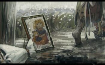 2girls barefoot blonde_hair bouquet commentary doll flower grave koto_inari letterboxed lily_of_the_valley medicine_melancholy mirror mud multiple_girls photo_(object) picture_frame rain short_hair snow su-san touhou