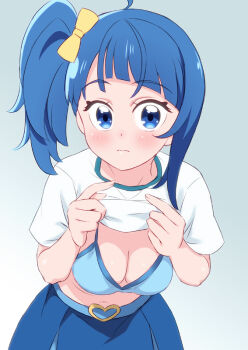 1girl bad_id bad_twitter_id belt blue_belt blue_bra blue_eyes blue_hair blue_skirt blush bow bra breasts buckle cleavage closed_mouth clothes_lift commentary cut_bangs frown gradient_background hair_bow heart heart-shaped_buckle hirogaru_sky!_precure inactive_account leaning_forward lifting_own_clothes looking_at_viewer medium_breasts medium_hair mini_koala navel pleated_skirt precure school_uniform shirt shirt_lift short_sleeves side_ponytail single_sidelock skirt solo sora_harewataru sorashido_academy_school_uniform standing t-shirt underwear undressing white_shirt yellow_bow