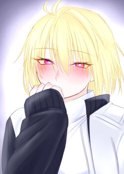 Rule 34 | 1girl, absurdres, arcueid brunestud, black jacket, blonde hair, blush, breasts, commentary request, highres, jacket, large breasts, long sleeves, looking at viewer, mcpc zamurai, multicolored jacket, red eyes, short hair, solo, sweater, tsukihime, turtleneck, turtleneck sweater, two-tone jacket, white jacket, white sweater