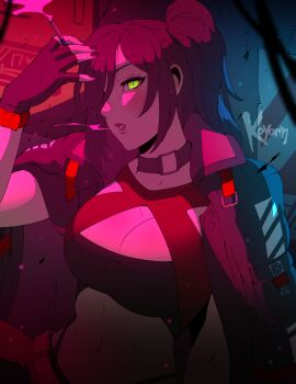 1girl artist_name breasts brown_hair choker cigarette cleavage commentary commission crop_top cyberpunk english_commentary fingerless_gloves gloves green_eyes hair_over_one_eye highres holding holding_cigarette jacket kate_(sent_ou) koyorin large_breasts neon_palette open_clothes open_jacket original parted_lips side_ponytail sidelocks smoke solo upper_body