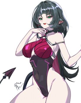 1girl animal_ears black_hair black_one-piece_swimsuit breasts commentary commentary_request english_commentary green_eyes highres jane_doe_(nocturne_of_light) jane_doe_(zenless_zone_zero) kiki_dailami large_breasts long_hair looking_at_viewer mixed-language_commentary mouse_ears mouse_girl mouse_tail multicolored_hair official_alternate_costume one-piece_swimsuit open_mouth red_hair simple_background solo swimsuit tail thighs two-tone_hair very_long_hair white_background zenless_zone_zero