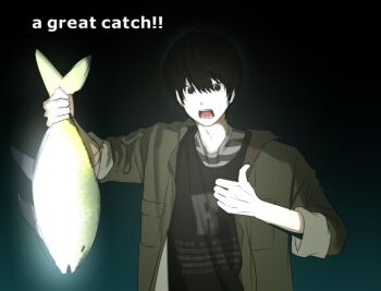 1boy animal black_eyes black_hair black_shirt english_text fish gin_(euneunun) highres holding holding_animal holding_fish jacket looking_at_viewer male_focus open_clothes open_jacket open_mouth original shirt short_hair species_request thumbs_up upper_body