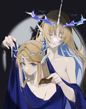 2girls blonde_hair blue_eyes blue_hair blue_horns breasts cartethyia_(wuthering_waves) chinese_commentary closed_eyes closed_mouth collarbone colored_inner_hair comb commentary_request crown_of_thorns dual_persona dududadududaqwq earrings fleurdelys_(wuthering_waves) highres holding holding_comb horns jewelry large_breasts long_hair long_horns looking_at_viewer multicolored_hair multiple_earrings multiple_girls pointy_ears sidelocks single_horn smile tacet_mark_(wuthering_waves) wuthering_waves