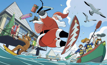 :d animal_costume bag beard bell bird blonde_hair blue_shirt blue_sky box building cat christmas christmas_tree cloud commentary_request dark-skinned_female dark_skin day dog facial_hair gift gift_box gloves grey_gloves gurihiru high_ponytail holding holding_bag holding_paddle kayak life_vest multiple_boys multiple_girls new_caledonia open_mouth original paddle plump ponytail reindeer_costume santa_claus seagull shirt sky smile surfboard surfing water waving white_facial_hair white_gloves