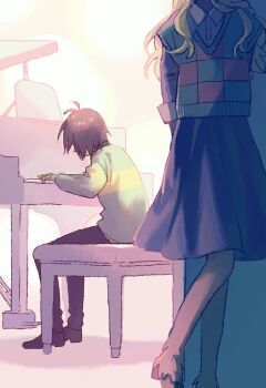 Rule 34 | 1girl, 1other, arms behind back, beryllium game, black pants, black skirt, blonde hair, brown hair, checkered sweater vest, commentary, deltarune, grand piano, green sweater, green vest, head out of frame, highres, instrument, kris (deltarune), long hair, long sleeves, music, noelle holiday, pants, piano, piano bench, playing instrument, playing piano, short hair, sitting, skirt, striped clothes, striped sweater, sweater, utdr (toby fox), vest