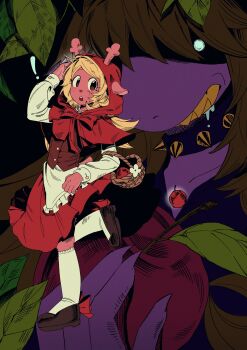 0ni91ri 2girls animal_ears antlers apple basket black_shoes blonde_hair bow brown_corset brown_eyes brown_hair capelet choker colored_teeth commentary corset cosplay deer_antlers deer_ears deer_girl deltarune english_commentary food fruit furry furry_female highres holding holding_basket holding_food holding_fruit hood hood_up hooded_capelet horns leaf little_red_riding_hood_(fairy_tale) little_red_riding_hood_(fairy_tale_character) little_red_riding_hood_(fairy_tale_character)_(cosplay) multiple_girls noelle_holiday open_mouth red_bow red_capelet red_skirt reptile_girl sharp_teeth shirt shoes skirt socks spiked_choker spikes susie_(deltarune) teeth utdr_(toby_fox) white_shirt white_socks yellow_teeth