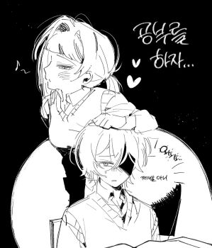 Rule 34 | 1boy, 1girl, arm on another's head, arms at sides, behind another, bent over, black background, blunt bangs, blush, e3mvn, greyscale, hair intakes, highres, korean text, kromer (project moon), limbus company, long sleeves, looking at another, looking at viewer, low ponytail, monochrome, nervous sweating, parted lips, ponytail, project moon, short ponytail, sinclair (project moon), sitting, sweat, sweater vest, tsurime, undershirt, wing collar