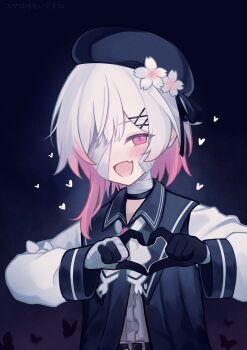 1girl :d absurdres bandage_over_one_eye bandaged_neck bandages black_choker black_gloves black_hat black_jacket choker fang flower four-finger_heart_hands gauze gauze_on_cheek gloves gradient_hair hair_flower hair_ornament hat heart heart_hands highres hizikata398 jacket long_hair long_sleeves looking_at_viewer mahou_shoujo_no_majo_saiban multicolored_hair open_mouth pink_eyes pink_hair sakuraba_ema skin_fang smile solo speech_bubble spoken_blush two-tone_hair upper_body white_hair x_hair_ornament