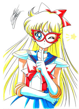 1girl aino_minako bishoujo_senshi_sailor_moon blonde_hair blue_eyes blue_sailor_collar blue_skirt bow brooch choker cowboy_shot crescent crescent_facial_mark earrings elbow_gloves facial_mark female_focus finger_to_mouth forehead_mark gloves hair_bow half_updo highres jewelry long_hair looking_at_viewer magical_girl marco_albiero marker_(medium) mask one_eye_closed pleated_skirt red_bow sailor_collar sailor_v shoulder_pads signature skirt solo star_(symbol) traditional_media white_background white_gloves