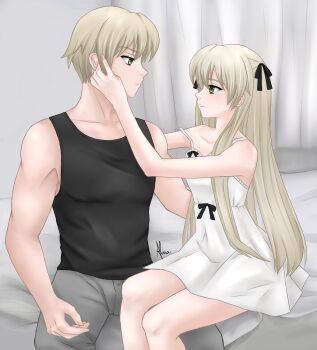 1boy 1girl absurdres aeris aged_up bed brother_and_sister green_eyes hair_ribbon highres kasugano_haruka kasugano_sora lingerie long_hair looking_at_another muscular muscular_male pants ribbon siblings sitting sitting_on_lap sitting_on_person skirt tank_top underwear very_long_hair white_hair yosuga_no_sora