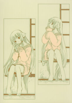 00s 1girl chii chobits clamp clamp_(circle) full_body highres long_hair looking_at_viewer multiple_views official_art postcard_(medium) sitting sweater very_long_hair