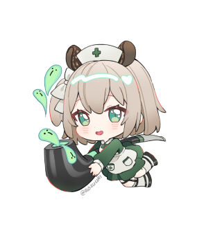 1girl animal_ears apron artist_name black_shoes blush bow brown_hair chibi chibi_only commentary double-parted_bangs dress english_commentary floating full_body green_dress green_eyes hair_bow hat holding holding_smoking_pipe indie_virtual_youtuber legwear_garter long_sleeves looking_at_viewer mary_janes medium_dress naplings_(nimi_nightmare) nimi_nightmare nurse nurse_cap one_side_up open_mouth oversized_object peter_pan_collar pocket rosuuri shoes simple_background smoking_pipe socks solo tapir_ears tapir_girl two-handed virtual_youtuber white_apron white_background white_bow white_hat white_socks