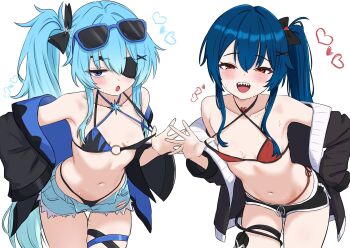 2girls :o absurdres armpits bare_shoulders bent_over bikini bikini_pull black_bikini black_jacket blue-framed_eyewear blue_eyes blue_hair blue_shorts bow breasts clothes_pull commission cowboy_shot criss-cross_halter cutoffs denim denim_shorts dolphin_shorts drawstring erno_(storm) eyepatch eyewear_on_head hair_bow halterneck hand_on_own_hip heart highres jacket long_hair long_sleeves looking_at_viewer micro_shorts multi-strapped_bikini_top multiple_girls navel o-ring o-ring_bikini off_shoulder oldsickkim open_clothes open_fly open_jacket open_mouth original pixiv_commission ponytail pulling_own_clothes red_bikini red_eyes sharp_teeth short_shorts shorts side-tie_bikini_bottom side_ponytail simple_background skindentation small_breasts smile standing stomach strap_pull string_bikini sunglasses swimsuit tail_around_own_leg teeth thigh_gap thigh_strap thighs very_long_hair wet white_background zero_(storm)