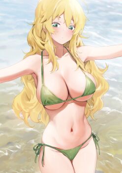 1girl absurdres armpits bare_shoulders beach bikini blonde_hair blush breasts cleavage closed_mouth cowboy_shot day djheycha green_bikini green_eyes groin hair_between_eyes halterneck highres hoshii_miki idolmaster idolmaster_(classic) large_breasts legs_together long_hair looking_at_viewer navel ocean outdoors revision side-tie_bikini_bottom sidelocks skindentation solo standing stomach string_bikini summer swimsuit t-pose thighs water wavy_hair