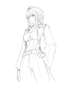 1girl alternate_costume closed_mouth clothing_cutout commentary ddcc0123 english_commentary galbrena_(wuthering_waves) hand_on_own_hip highres jacket looking_ahead medium_hair pants shirt sidelocks simple_background sketch solo underboob_cutout white_background wuthering_waves