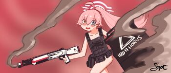 1girl absurdres ammunition ballistic_shield bare_arms bare_legs blue_archive blue_eyes blurry blurry_background blush bulletproof_vest commentary english_commentary exhibitionism gun hair_between_eyes halo highres holding holding_gun holding_shield holding_weapon hoshino_(armed)_(blue_archive) hoshino_(blue_archive) long_hair nude pink_hair pink_halo ponytail public_indecency red_background septentrio shield shirt shotgun smoke solo very_long_hair weapon yellow_eyes