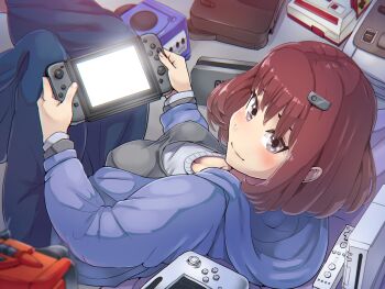 1girl blush boris_(noborhys) brown_eyes brown_hair controller famicom female_focus game_console game_controller gamecube gamepad grey_eyes hair_ornament hairclip handheld_game_console highres holding hood hoodie looking_at_viewer looking_back matching_hair/eyes nintendo nintendo_64 nintendo_switch original playing_games red_hair smile solo super_famicom wii wii_remote wii_u