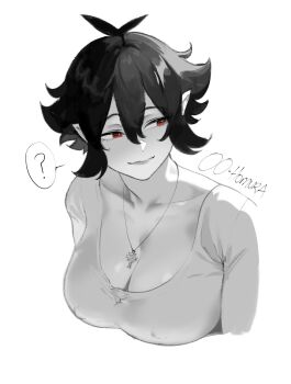 1girl ? artist_name black_hair bloodlight_(nyantcha) commentary covered_erect_nipples cropped_torso double-parted_bangs english_commentary hair_between_eyes half-closed_eyes highres horizontal_pupils light_smile long_sleeves nyantcha original red_eyes short_hair simple_background sister_almonde_(nyantcha) solo spoken_question_mark spot_color white_background