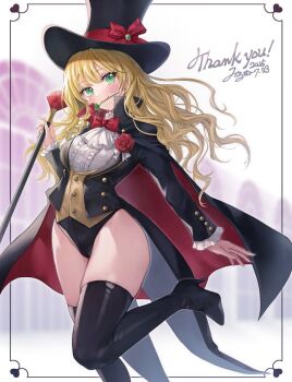 1girl black_boots black_cloak black_hat black_jacket black_leotard blonde_hair boots bow bowtie brown_vest cane cloak commission flower gem green_eyes hat high_heel_boots high_heels jacket leg_up legs leotard leotard_under_clothes long_hair mirukurim mouth_hold multicolored_cloak original phantom_thief phantom_thief_(kkmomo67) red_bow red_bowtie red_cloak rose shirt skeb_commission smile solo standing standing_on_one_leg thigh_boots thighs top_hat two-sided_cloak two-sided_fabric two-tone_cloak vest white_shirt