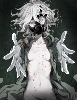 Rule 34 | 1girl, blood, breasts, coat, commentary, danganronpa (series), danganronpa 2: goodbye despair, eyelashes, gas mask, genderswap, genderswap (mtf), gloves, green coat, grey eyes, hair between eyes, highres, hood, hood down, hooded coat, komaeda nagito, long sleeves, looking at viewer, mask, open clothes, open coat, original, outstretched arms, pale skin, reaching, reaching towards viewer, ribs, simple background, small breasts, solo, symbol-only commentary, usagi mi nagi, white gloves, white hair