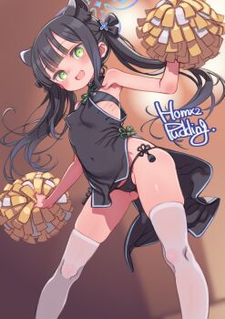 1girl animal_ears black_dress black_hair black_panties blue_archive breasts cameltoe china_dress chinese_clothes commentary_request covered_erect_nipples dress green_eyes halo highres loli long_hair open_mouth paid_reward_available panties pom_pom_(cheerleading) puddinghomhom shun_(blue_archive) shun_(small)_(blue_archive) small_breasts smile solo thighhighs twintails underwear white_thighhighs