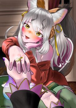 .live 2girls aburaeoyaji alcohol animal_ears bare_shoulders dress extra_ears fox_ears fox_girl fox_tail grey_hair highres island_fox_(kemono_friends) kemono_friends kemono_friends_v_project long_hair looking_at_viewer multicolored_hair multiple_girls orange_hair ribbon rurun_rururica sweater tail two-tone_hair virtual_youtuber yellow_eyes