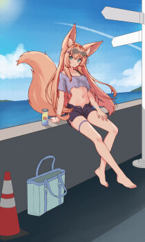 1girl absurdres animal_ear_fluff animal_ears bag barefoot breasts can closed_mouth commentary_request crop_top denim denim_shorts expressionless eyebrows_hidden_by_hair eyewear_on_head fox_ears fox_girl fox_tail from_side full_body green_eyes hand_on_own_thigh highres long_hair looking_at_viewer navel ocean open_fly orange_hair original shopping_bag short_shorts shorts sitting small_breasts solo stomach sunglasses tail thigh_strap toes ze_zhi_ai