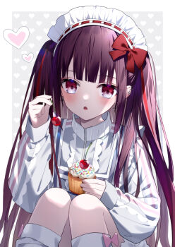 1girl arm_up blush border bow bow_legwear cherry commentary_request cross cross_earrings cupcake ear_piercing earrings food frilled_jacket frills fruit grey_jacket hair_bow heart heart_background highres holding holding_cherry holding_food jacket jersey_maid jewelry kazunehaka legs_folded long_sleeves looking_at_viewer maid maid_headdress open_mouth original piercing pink_bow red_bow red_eyes red_hair red_streaks socks solo track_suit two_side_up unconventional_maid white_border white_headdress white_socks