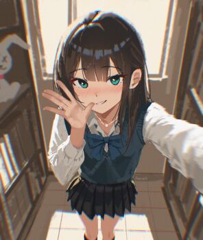 1girl \||/ absurdres aqua_eyes artist_name black_skirt blurry blurry_background blush brown_hair collared_shirt commentary danraz0r ear_piercing feet_out_of_frame green_ribbon green_vest hand_up highres idolmaster idolmaster_cinderella_girls indoors jewelry long_hair looking_at_viewer making-of_available necklace parted_lips piercing ribbon school_uniform selfie shibuya_rin shirt skirt solo vest white_shirt