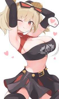 1girl ;q armpits arms_up belt black_belt black_gloves black_skirt black_thighhighs black_tube_top blonde_hair breasts burnice_white cleavage closed_mouth commentary elbow_gloves eyewear_on_head gloves heart highres hone_kawa large_breasts looking_at_viewer miniskirt one_eye_closed red-tinted_eyewear red_eyes revision simple_background skirt solo speech_bubble spiked_belt spikes spoken_heart strapless sunglasses thighhighs tinted_eyewear tongue tongue_out tube_top twintails variant_set white_background zenless_zone_zero zettai_ryouiki
