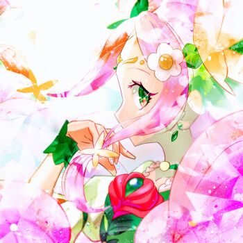 1girl commentary_request cure_felice dress earrings flower green_dress green_eyes hair_flower hair_ornament hair_over_mouth highres jewelry long_hair looking_at_viewer magical_girl mahou_girls_precure! omega_takai pink_hair precure solo upper_body white_background