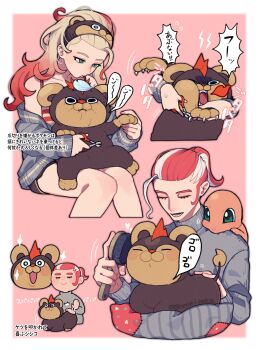 1boy 1girl absurdres alternate_costume blonde_hair brushing_animal charmander chibi clipping_another&#039;s_nails closed_eyes commentary_request cowlick creature_on_lap cropped_legs gen_1_pokemon gen_6_pokemon gerokizoku gradient_hair green_eyes grey_sweater griselle_(pokemon) grisham_(pokemon) hair_pulled_back highres litleo lower_eyelashes_only multicolored_hair multiple_views nintendo no_eyewear outside_border pink_background pokemon pokemon_(creature) pokemon_legends:_z-a ponytail red_hair sideburns striped_tank_top sweater tank_top translation_request turtleneck two-tone_hair white_hair