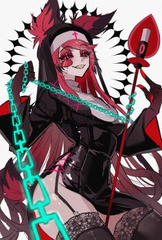 1girl alastor_(hazbin_hotel) animal_ears antlers black_dress black_hands bow breasts chain colored_extremities colored_sclera colored_teeth deer_antlers deer_ears dress evil_grin evil_smile genderswap genderswap_(mtf) grin hair_between_eyes hazbin_hotel hellaverse highres holding holding_chain horns large_breasts long_hair long_sleeves looking_at_viewer monocle multicolored_hair nun nun_headdress red_eyes red_hair red_sclera sakuha2haruhi sharp_teeth smile solo teeth thighhighs white_background yellow_teeth