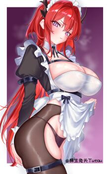 1girl absurdres alternate_breast_size_(larger) alternate_costume annoyed apron apron_lift arknights artist_name blush bow breasts chest_strap chinese_commentary closed_mouth clothes_lift commentary_request cowboy_shot demon_horns detached_collar enmaided frilled_apron frills from_side frown gradient_background groin hair_intakes highres horns huge_breasts impossible_clothes lifting_own_clothes long_hair long_sleeves looking_at_viewer luhuaic maid maid_apron maid_headdress panties panties_over_pantyhose pantyhose purple_background purple_eyes purple_panties red_hair solo steam steaming_body surtr_(arknights) sweat sweatdrop thick_thighs thigh_strap thighs underwear very_long_hair white_apron white_headdress wrist_cuffs