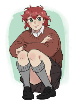 Rule 34 | 1girl, black shoes, blush, closed mouth, collared shirt, commentary, english commentary, green eyes, highres, kneehighs, olivia (sframboob), original, red hair, sframboob, shirt, shoes, sketch, skirt, smile, socks, solo, squatting, sweater, white shirt