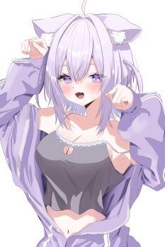 Rule 34 | 1girl, absurdres, ahoge, animal ear fluff, animal ears, breasts, camisole, cat ears, cat girl, cleavage, collarbone, commentary request, fang, grey camisole, highres, hololive, jacket, large breasts, long sleeves, navel, nekomata okayu, nekomata okayu (membership), open mouth, purple eyes, purple jacket, shadow, skin fang, solo, strap slip, two side up, virtual youtuber, visitofsiki, white background, zipper