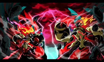 1boy 1girl absurdres alternate_design armarouge armor artist_name black_border black_helmet black_skin border breastplate clenched_hands cloud cloudy_sky colored_skin facing_to_the_side fighting_stance floating_armor glowing glowing_eyes helmet high_contrast highres letterboxed lightning looking_at_another multicolored_skin muscular muscular_male nintendo ornate_border overcast pauldrons pleated_skirt plume pokemon pokemon_(creature) pokemon_focus red_clouds red_eyes red_skin red_skirt red_sky rubble sexual_dimorphism shoulder_armor signature size_difference skirt sky storm sufferay toned toned_male turning_head two-tone_skin yellow_armor