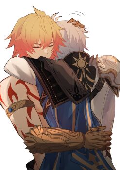 2boys arm_around_neck arm_tattoo armlet armor blonde_hair blue_cape cape closed_eyes commentary_request gauntlets gradient_hair grey_hair highres honkai:_star_rail honkai_(series) hug jewelry long_sleeves male_focus multicolored_hair multiple_boys mutual_hug mydei_(honkai:_star_rail) pauldrons phainon_(honkai:_star_rail) shirt shoulder_armor side_cape simple_background single_pauldron sn_grr_0z tattoo topless_male white_background white_shirt