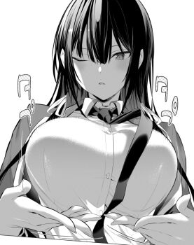 1girl breast_lift breasts greyscale haite_kudasai_takamine-san hiiragi_yuuichi large_breasts long_hair monochrome one_eye_closed school_uniform shirt skirt solo takamine_takane