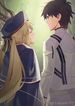 1boy 1girl artoria_caster_(fate) artoria_caster_(second_ascension)_(fate) artoria_pendragon_(fate) blue_cape blue_capelet blue_eyes blue_hat cape capelet closed_eyes commentary_request commission fate/grand_order fate_(series) fujimaru_ritsuka_(male) fujimaru_ritsuka_(male)_(decisive_battle_chaldea_uniform) hat height_difference highres holding holding_staff jacket long_hair long_sleeves official_alternate_costume open_mouth short_hair skeb_commission smile staff twintails twitter_username very_long_hair white_jacket yu_sakae