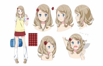 1girl :d absurdres arisa_(henkei_shoujo) bad_id bad_twitter_id bag blue_bag blue_eyes character_request closed_mouth copyright_request flat_chest flower full_body hair_flower hair_ornament handbag henkei_shoujo highres jewelry loose_socks multiple_expressions necklace open_mouth plaid_clothes plaid_skirt ring ring_necklace school_uniform scrunchie skirt smile socks standing translation_request vest white_background wrist_scrunchie yellow_vest