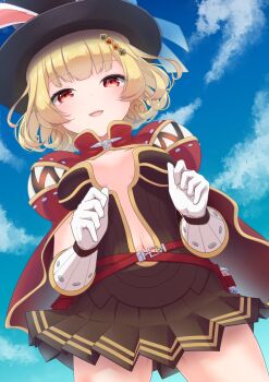 1girl ace_(playing_card) animal_ears belt black_hat blonde_hair blue_sky blush breasts breasts_apart brown_belt brown_dress cape card cloud club_hair_ornament commentary_request cowboy_shot creator_(ragnarok_online) curly_hair diamond_(shape) diamond_hair_ornament dress fake_animal_ears gloves hair_ornament hat heart heart_hair_ornament highres looking_at_viewer looking_down medium_breasts navel open_mouth playing_card pleated_dress plunging_neckline pouch ragnarok_online red_cape red_eyes sakuraji_tomoka short_dress short_hair sky smile solo spade_hair_ornament strapless strapless_dress teeth top_hat vial white_gloves