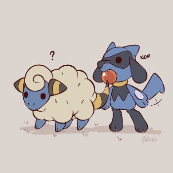 ? advos artist_name black_fur blue_fur chibi gen_2_pokemon gen_4_pokemon grey_background mareep nintendo no_humans pokemon pokemon_(creature) riolu simple_background sound_effects tail two-tone_fur wool